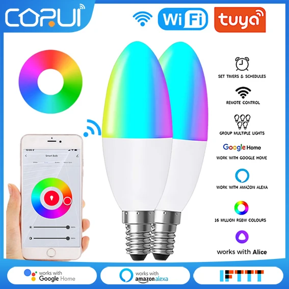 

Умная Светодиодная лампа CORUI TUYA с регулируемой яркостью, WiFi, E14, RGB, 100-240 В
