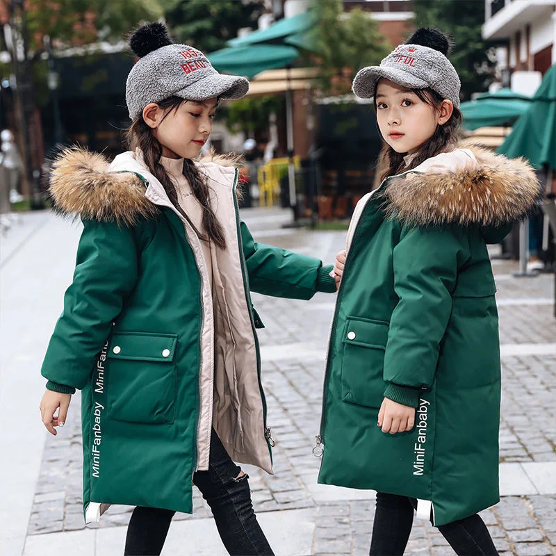 

Зимняя куртка для девочек 5-13 лет, модное длинное пальто с меховым воротником и капюшоном для девочек, утепленная теплая парка, пальто, детская одежда