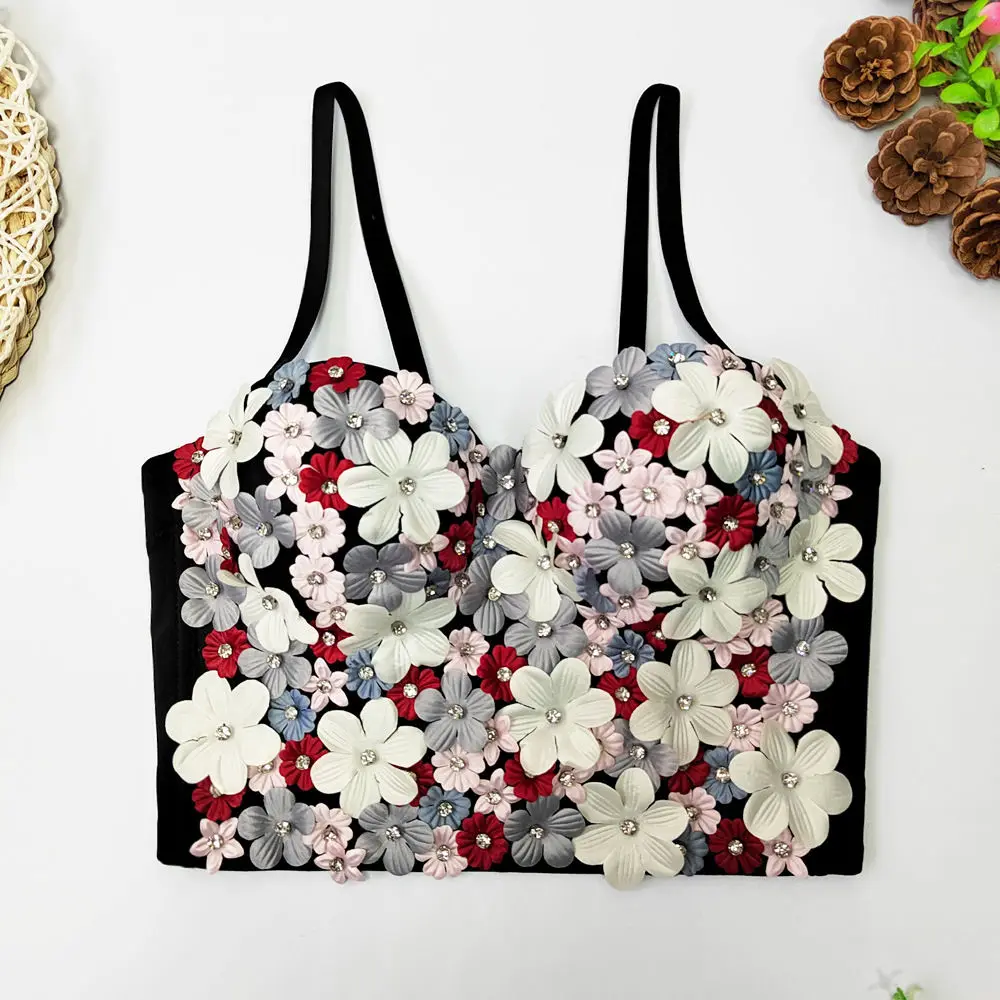 

Woman's Summer Camis Tanks Super-Short 3D Flowers Floral Beach Vacation Bra Dazzling Tube Top