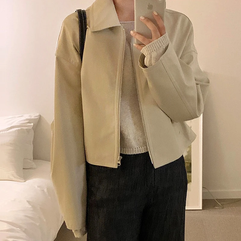 

Retro Zipper Loose Casual Long Sleeve Motorcycle Leather Coat Women Korean Style Chic Streetwear Jackets Women Spring 2023 Tops