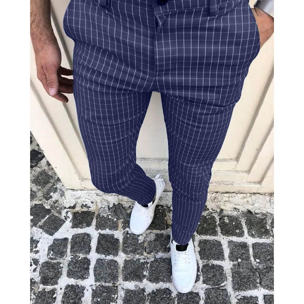 

Richkeda Store Men's Dress Pants Plaid Business Casual Slim Straight Pants Fashion Male Pocket Formal Dress Pencil Trousers