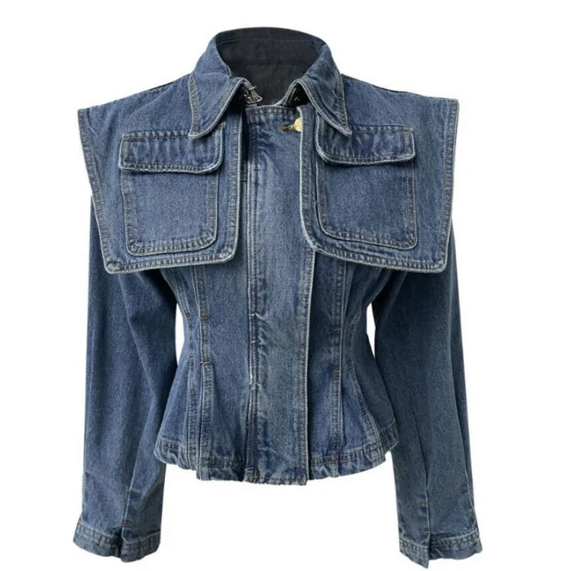 

Fashion Large Shawl Pocket Denim Jacket Women Shrug Pleated Slim Short Design Jean Coat Top f54