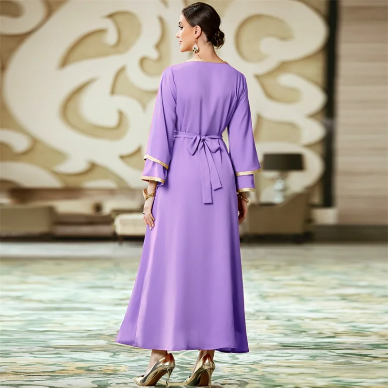 Eid-al-Adha Party Evening Abaya Dress Set for Women Gorgeous Rhinestone Golden Tape Trim Moroccan Caftan Arab Dubai 2 Pieces Set