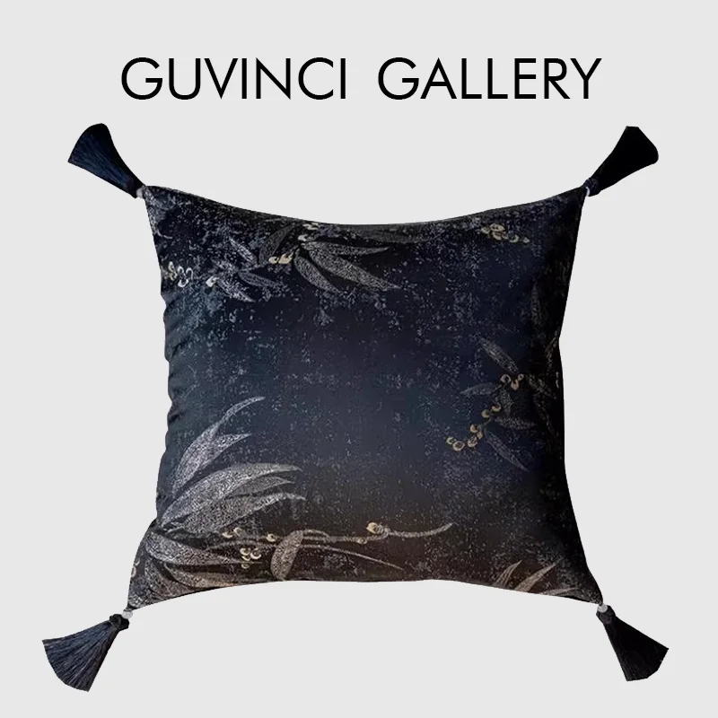 Фото Чехол для подушки GUVINCI черно-золотой с цветочным жаккардовым узором, высокоточная жаккардовая наволочка в восточном стиле для гостиной, дивана, кресла №1