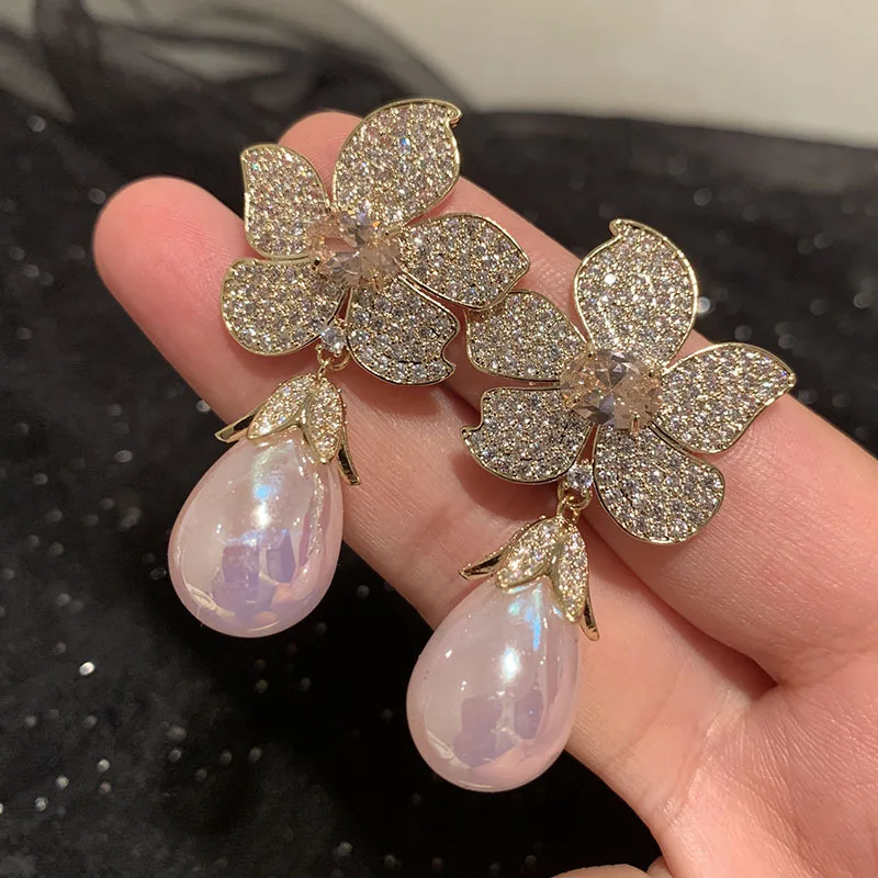 

Flower Leaf Zircon Pink Pearl Earrings Party Wedding Jewelry Gifts