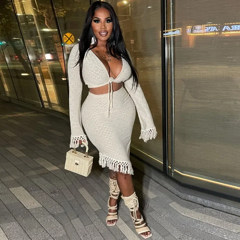 UOSU полый комплект из 2 предметов с кисточками женские сексуальные укороченные