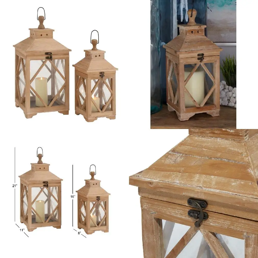 

Beautiful Brown Wood Lighthouse Style Candle Lantern Set, 2-Pack