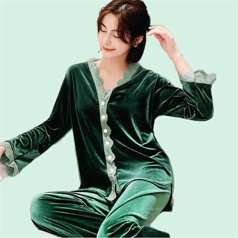 Women's Pajamas Set Soft Velvet Lace Pyjama Homewear Cozy Spring Sexy Black Sleepwear Big Size Femme Pure Color Pjs