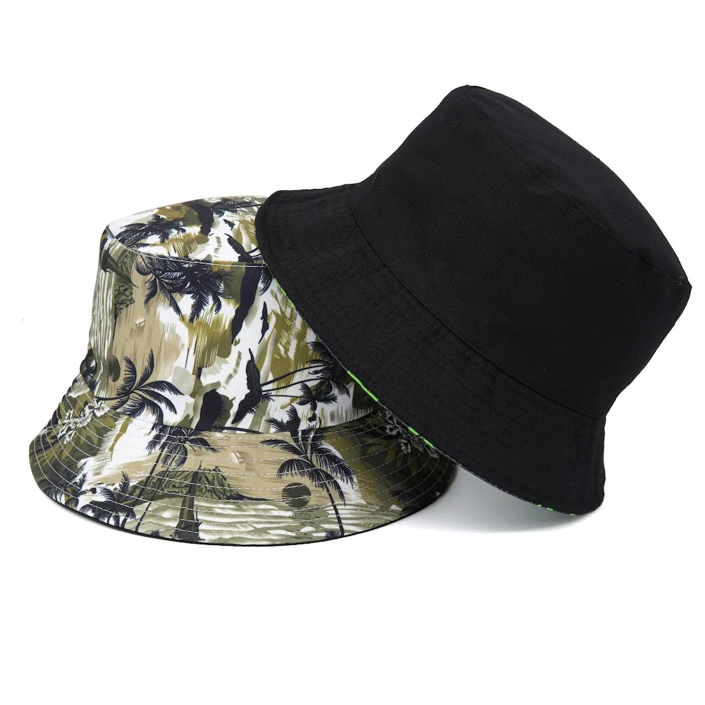 

Unisex Fashion Summer Reversible Green Black Coconut Tree Printing Fisherman Caps Bucket Hats Gorro Pescador Men Women