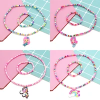2pcssets clay beads chip jewelry sets mermaid unicorn rainbow butterfly charm necklace bracelet for girl birthday gift toys
