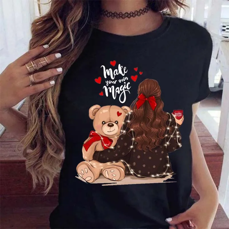 

Merry Christmas Women T Shirt Cute Cartoon Bear Graphic Print T Shirt 90s Girls Short Sleeve Shirt Fashion T Shirt