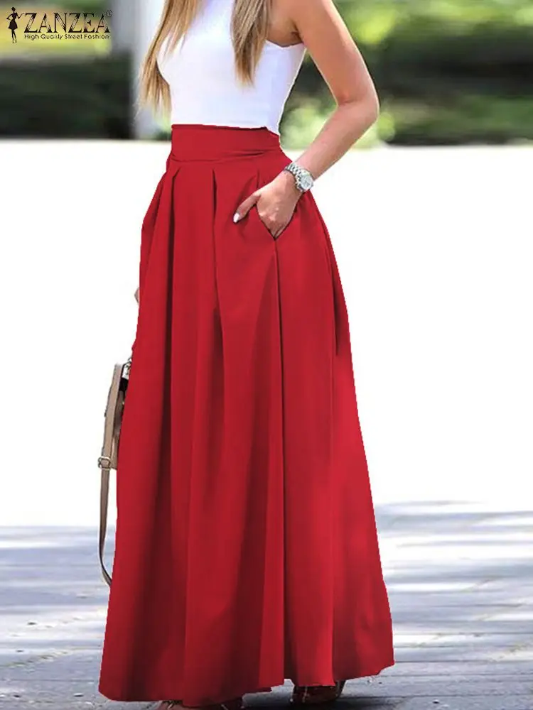 

2022 ZANZEA Women Summer High Waist Long Skirts Casual Elegant Pleated Skirts Faldas Saia Maxi Skirt Solid Work OL Skirt Jupe