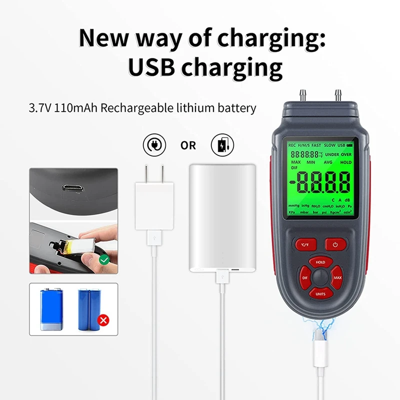 

1Pcs +/- 2.999 Psi Digital Handheld Manometer +/- 83 Wc HVAC Gas Pressure Tester Differential Dual Port