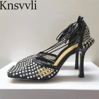 Summer High Heel Shoes Woman Rhinestone Mesh Hollow Outs Women Pumps Square Toe Ankle Strap Thin Heel Gladiator Sandals Women