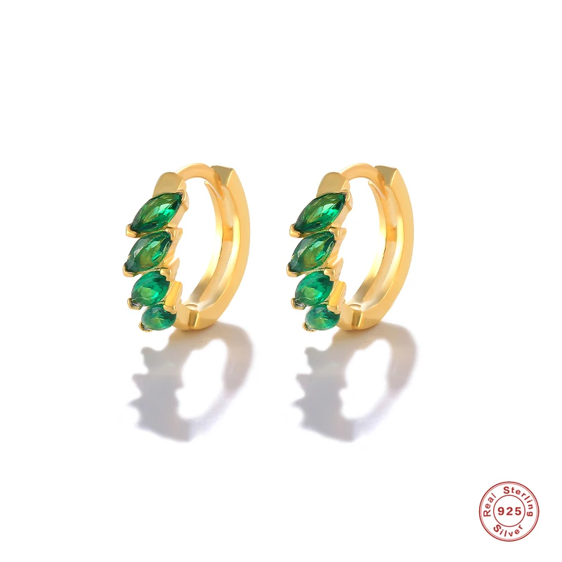 

GS 925 Sterling Silver Four Emerald Green Oval Zircon Hoop Earrings For Women Gift 9mm Circle Huggies 18K Gold Plated Earrings