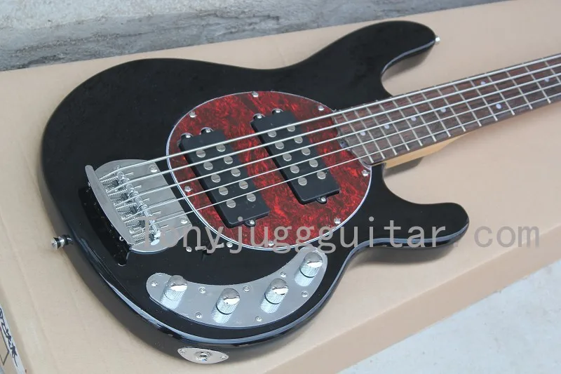 

Music Man 5 Strings Bass Ernie Ball StingRay Black Electric Bass Guitar Wine Pearl Pickguard, 9V Battery Active Wires,