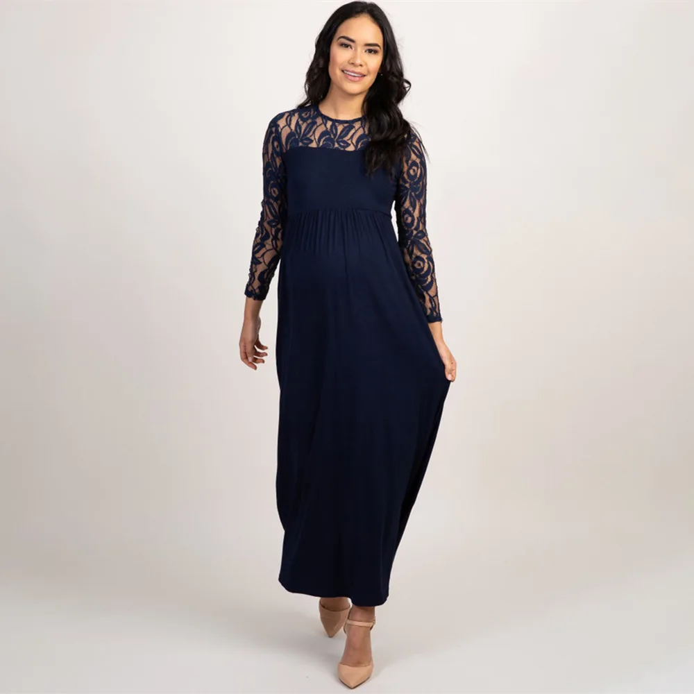 

2022 New Fashion Solid Color Maternity Lace Long Sleeve Dress Black