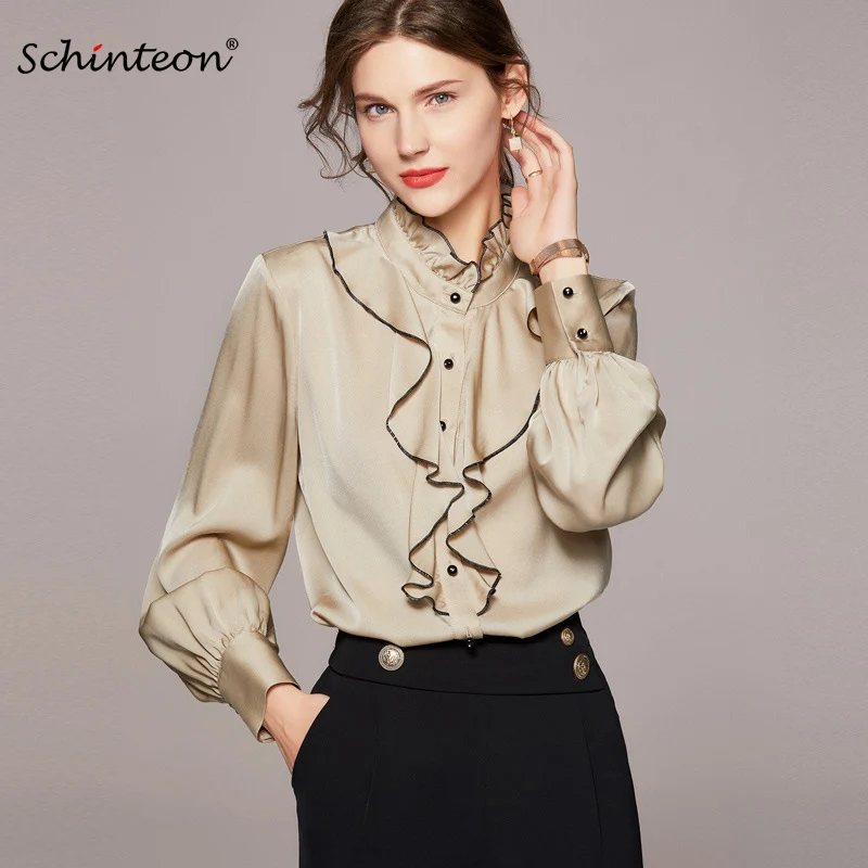 

Schinteon Women 100% Real Silk Shirt Long Sleeved Ruffle Office Lady Solid Color Elegant Blouse European Style Spring Summer Top