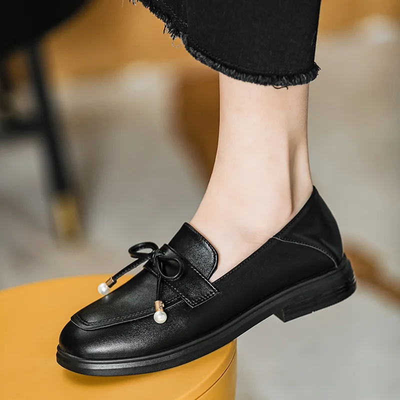 Winter Flats Oxfords Delicate Pearl Bowtie Loafers Women's Small Leather Shoes Ladies Office Dress Low Heels Mocasines 2022