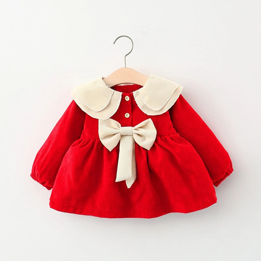 

Girl Dress Christmas 2022 Autumn Newborn Baby Girls Casual Solid Long Sleeve Lapel Dress Cute Bow Tutu Princess Dress Vestidos