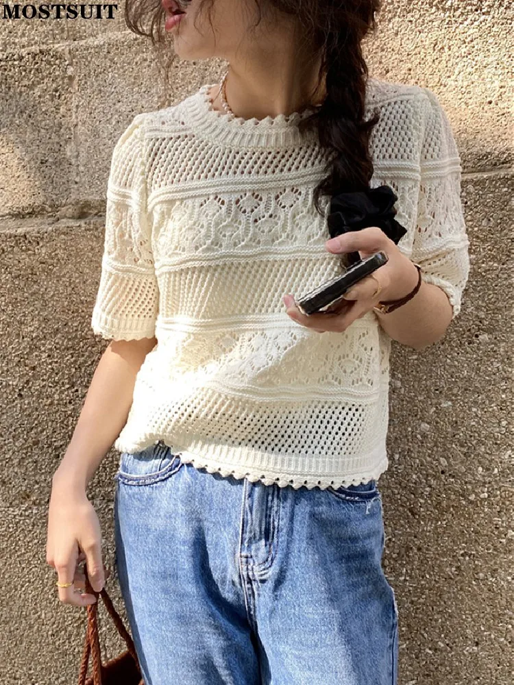 

Korean Style Ladies Sweater Pullover For Women Vintage Fashion Hollow Short Sleeve Knit Top Chic Sweet Female T Shirt Sweaters