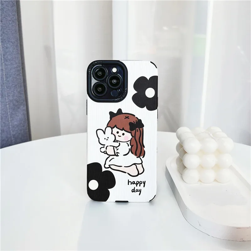 

Cute Flowers Rabbites Silicone Soft Leather Case For iPhone 11 12 12Pro 13 Pro 14 Plus 14Pro Max Camera Lens Pro Protector Cover