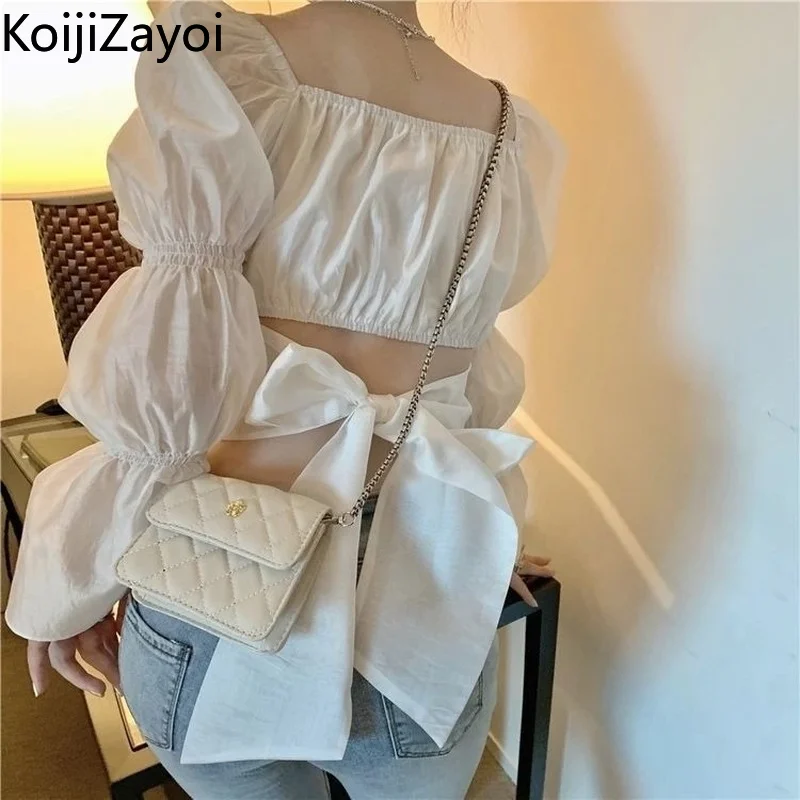 

Koijizayoi Woman Back Bow Cropped Blouse Sweet Girls Long Sleeves Spring Shirt Solid Slim Fashion Blusas Outwear Ropa Mujer 2022