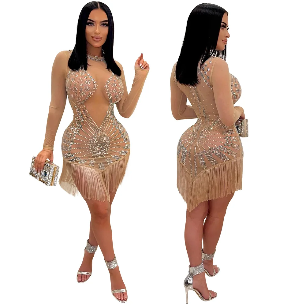 Women Sexy Tassels Mini Dress Diamond Design High Collar Long Sleeve Evening Dress Fashion Bodycon Nightclub Dresses