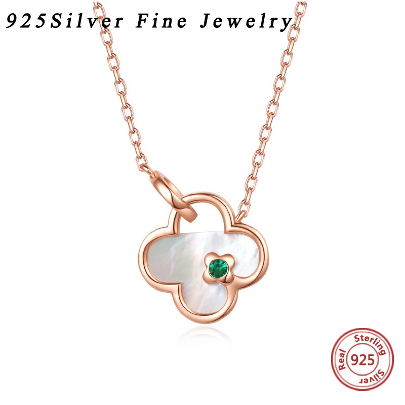 

925 Sterling Silver Four Leaf Clover Necklace Fritillaria Shell Pendant Inlaid Emerald Fine Jewelry For Women Wholesale