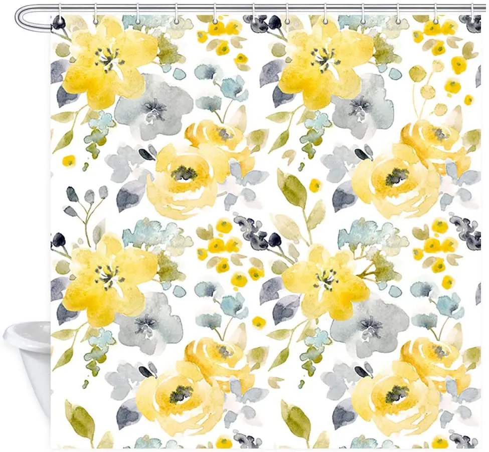 

Yellow Flower Shower Curtain Grey Abstract Floral Gray Simple Botanical Polyester Fabric Bath Bathroom Curtains with Hooks