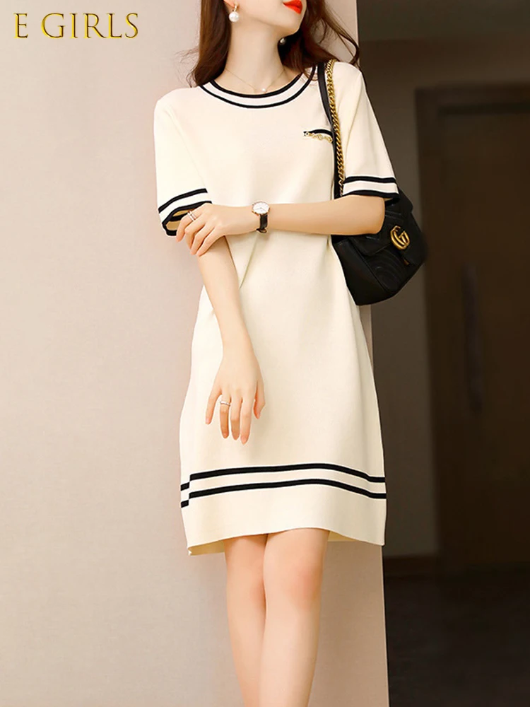 

Knitted Sweater Women Dress Knee Length Loose Straight Elegant Metal Chain O Neck Short Sleeve Mini Dress Casual Summer 2022