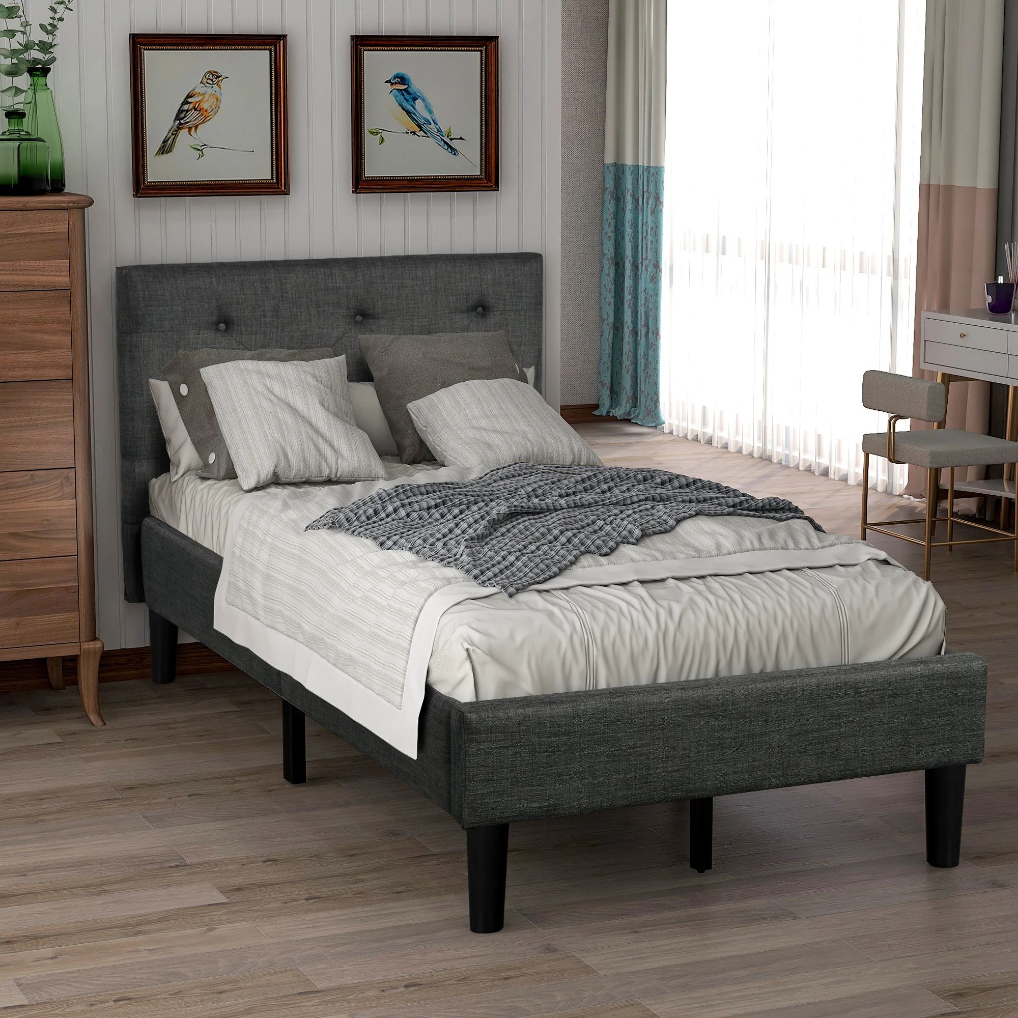 Upholstered Button Tufted Platform Bed With Strong Wood Slat Support 84