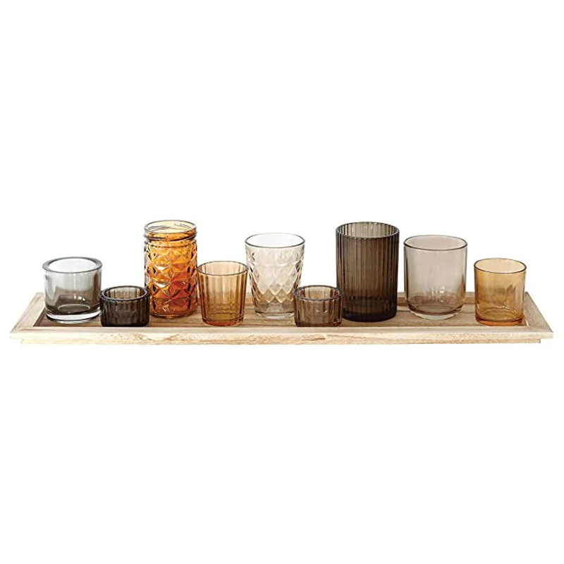 

22" x 5.5" Natural Wood Tray with 9 Unique Glass Votive Candle Holder Home Decorations for Living Room Dining Table Centerpieces