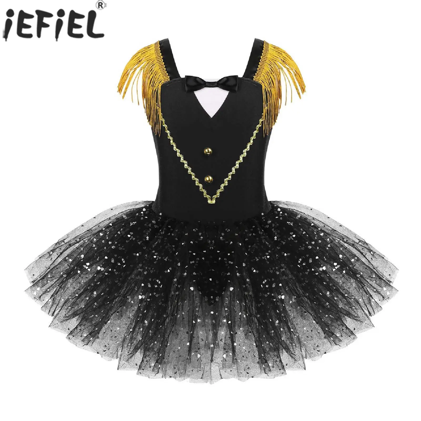 

Girls Sleeveless Tassel Sequin Mesh Tutu Leotard Dress Dancewear Kids Halloween Theme Party Circus Ringmaster Cosplay Costume