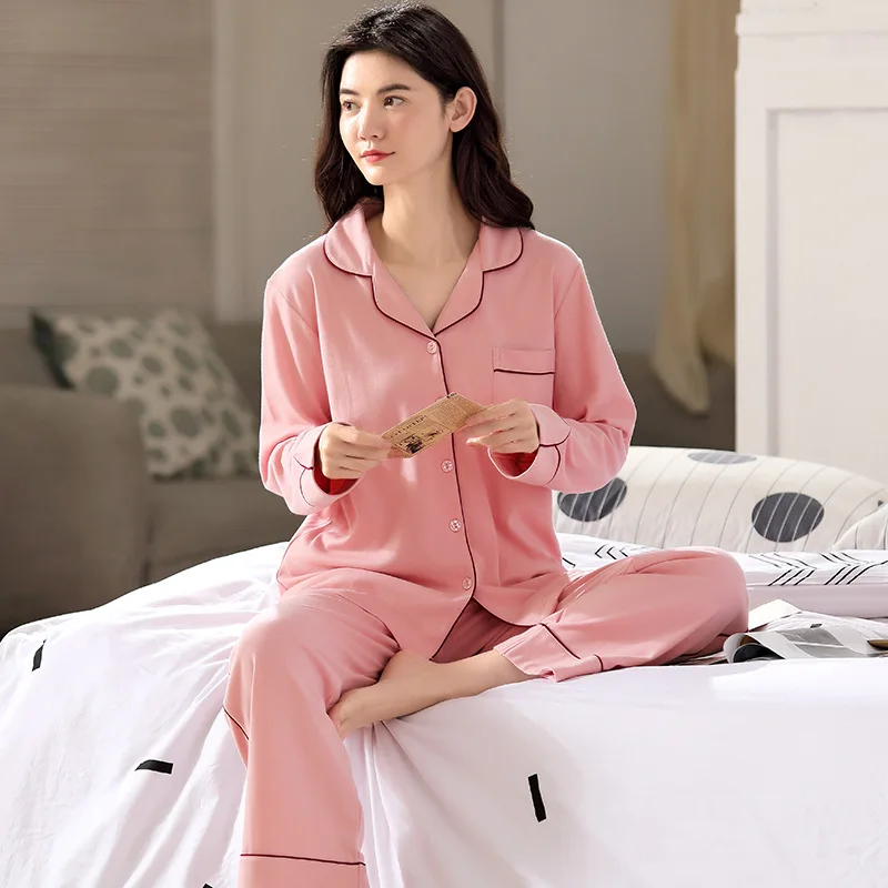 Spring and Summer Pajamas Women's Pure Cotton Simple Solid Color Long-sleeved Cardigan Breathable Home Service Suit Loungewear