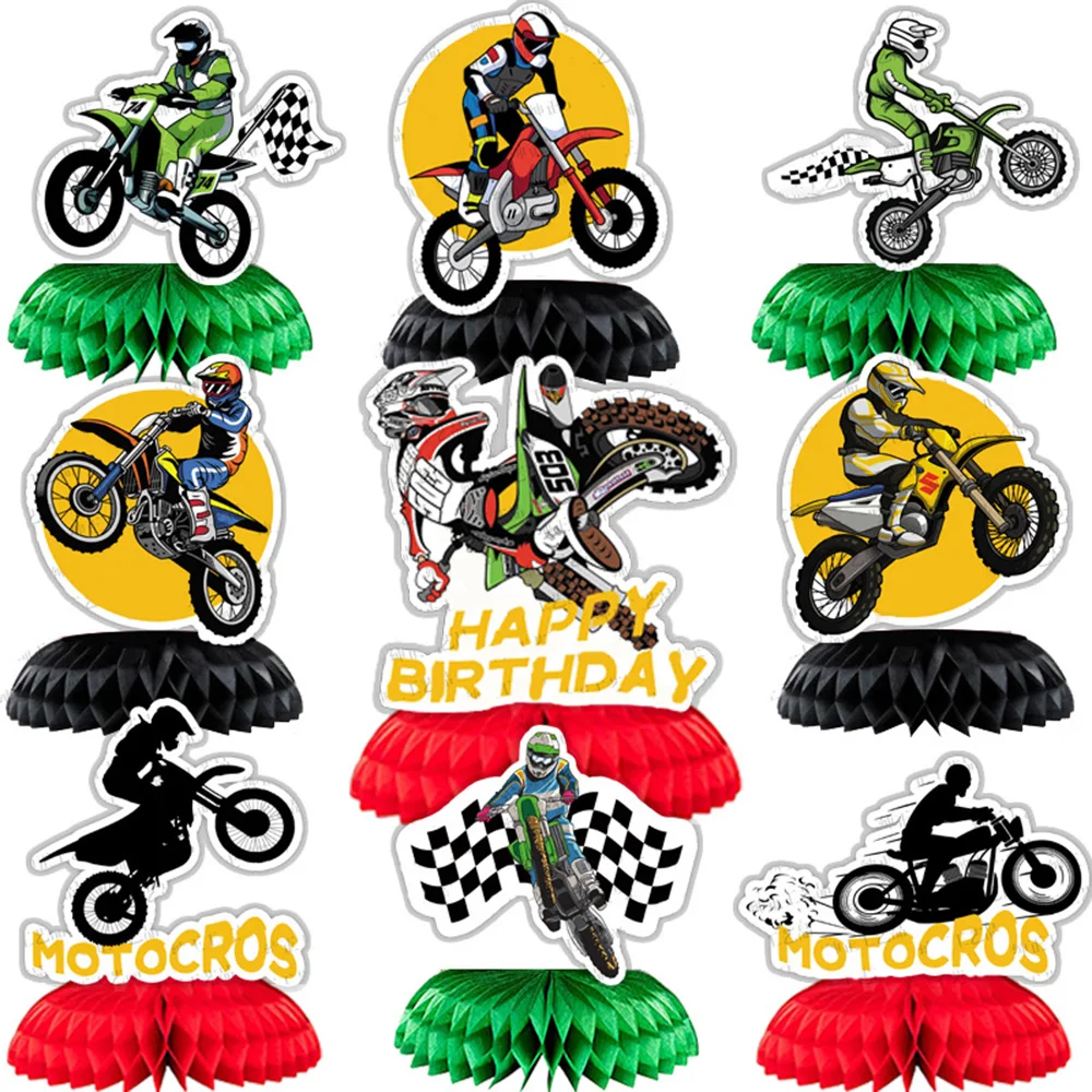 

9PC Dirt Bike Motorcycle Honeycomb Centerpiece Table Topper Racing Motocross Theme Birthday Party Desktop Decor Photo Booth Prop