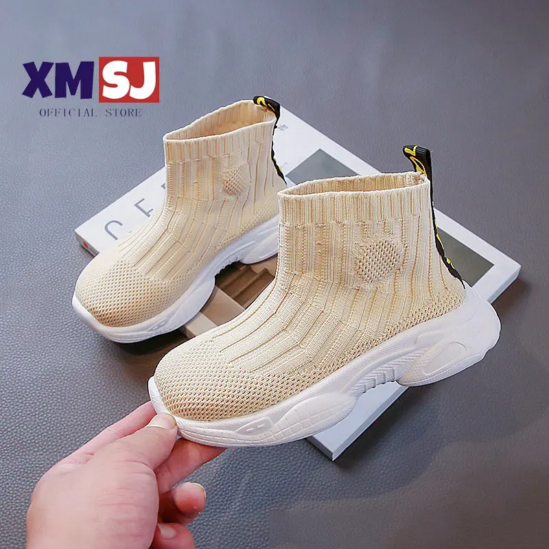 

Children Casual Shoes Sock Fly Knit Beige Black Platform Non-slip 26-36 Boys Girls Boots Fashion Breathable Spring Kids Shoe
