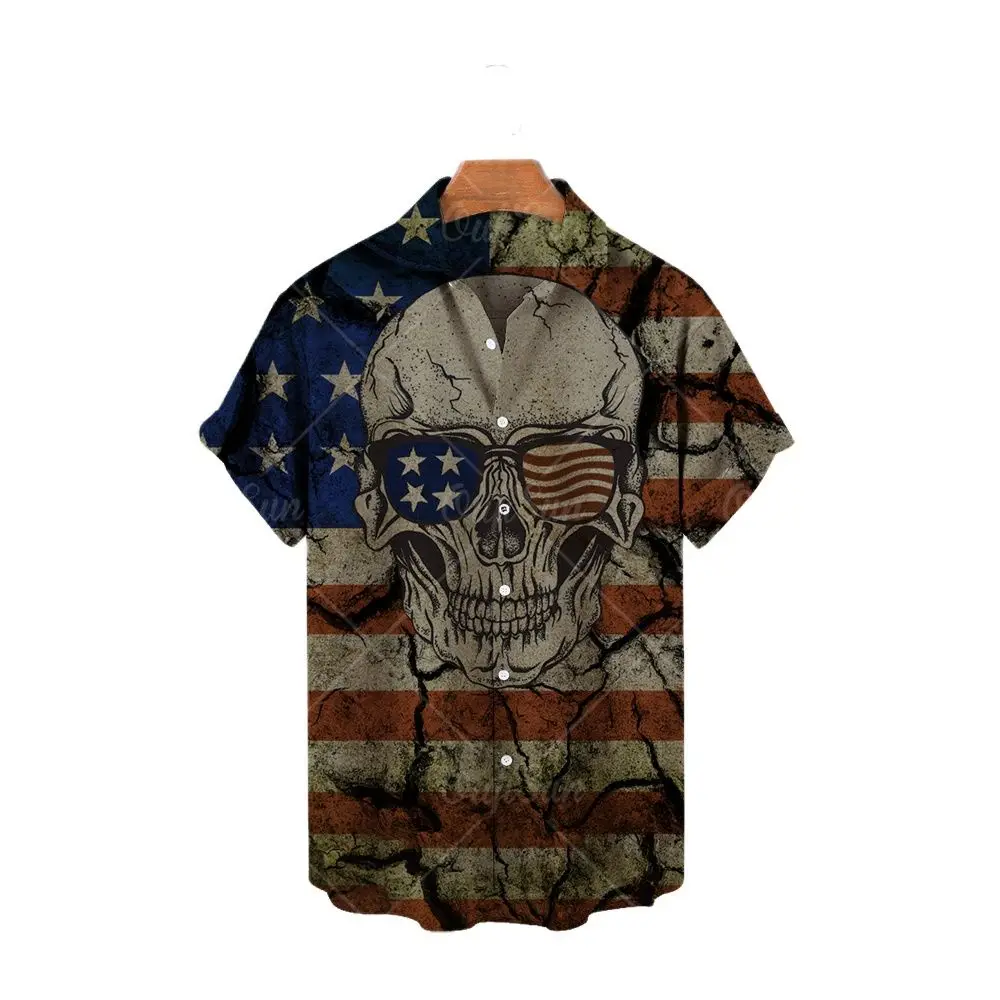 

Футболка мужская с 3D-принтом черепа, модная повседневная Уличная рубашка в стиле ретро, Гавайская футболка с американским флагом, лето