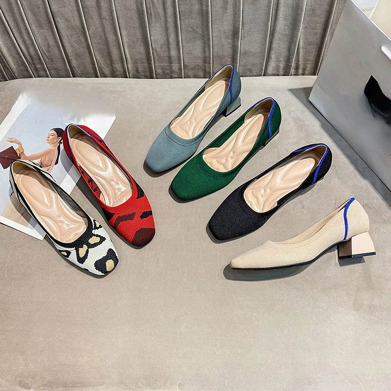

Ladies Fashion Leopard Print Shoes Spring Knit Breathable Thick Heel Women's Shoes Commuter Casual High Heels Large Size 34-40