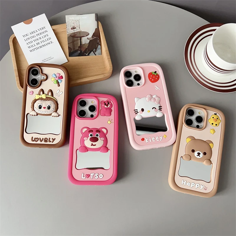 Зеркальный чехол Hello Kitty для макияжа iPhone 16 15 14 13 12 Pro Max 11 X Xs 6 6S 7 8 Plus силиконовый Bear