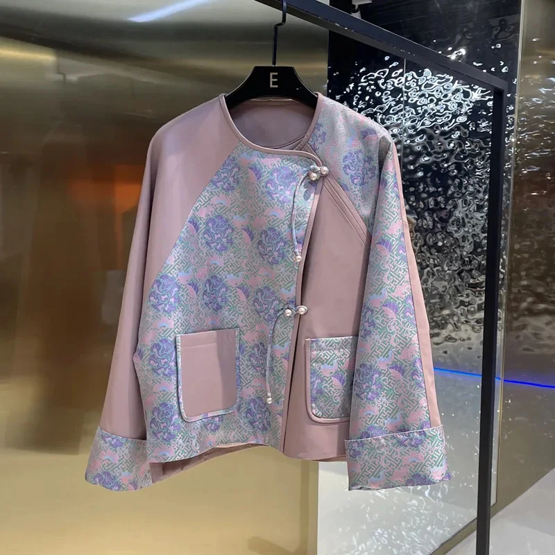 

Женское короткое пальто из натуральной кожи, с круглой горловиной и пряжкой из китайской парчи, 2023