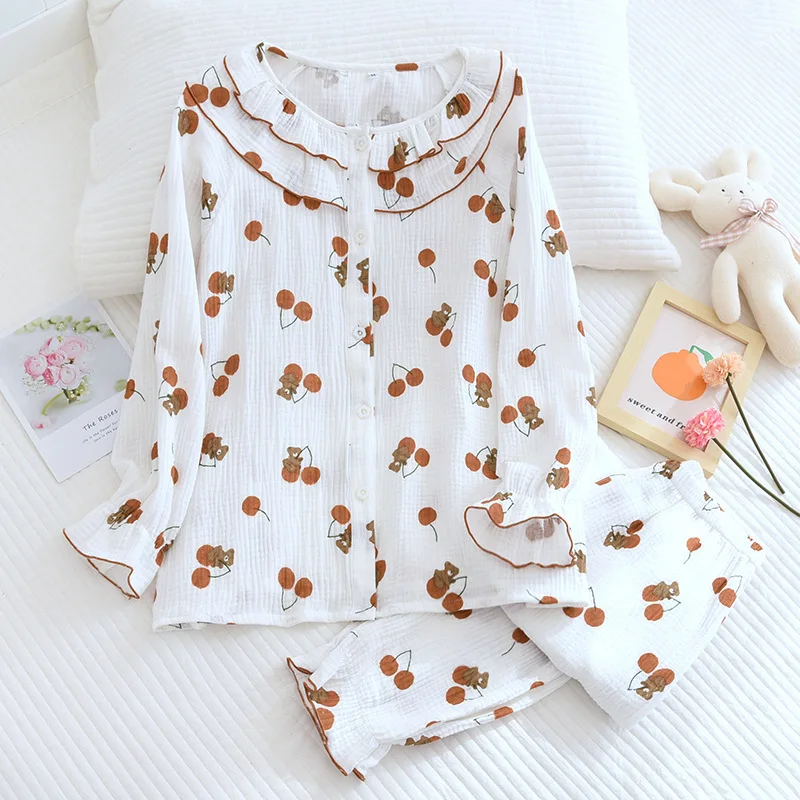 Pajama Set Women Woven Cotton Lotus Leaf Collar  Crepe Spring Thin Section Long Sleeve Pants Homewear Soft Yarn Autumn Clothes