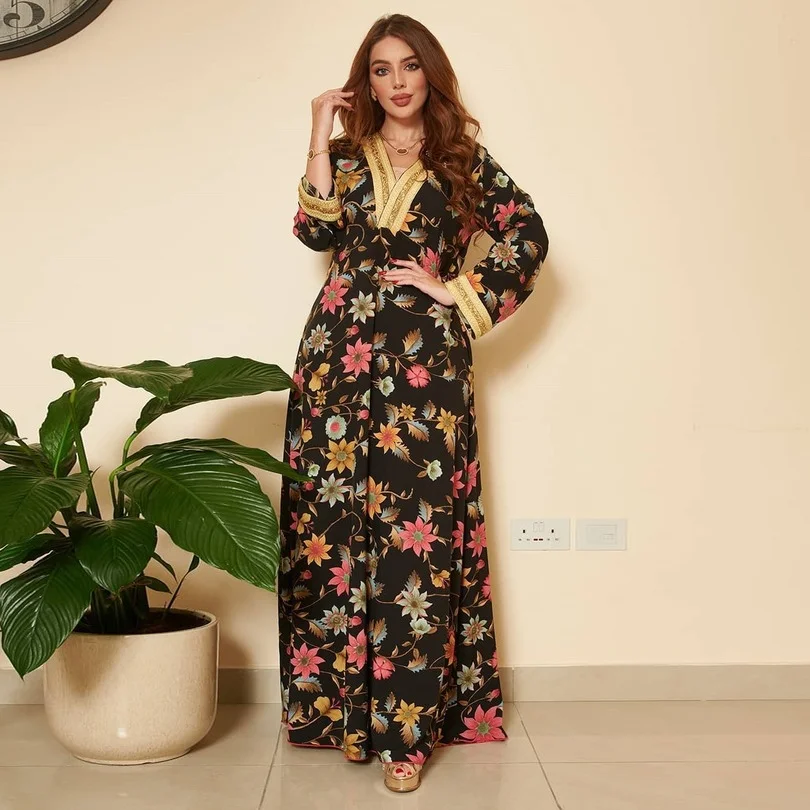 

Fashion Ethnic Casual Dress Southeast Asia Print Hot Diamond Robe Ladies Muslim Banquet Party