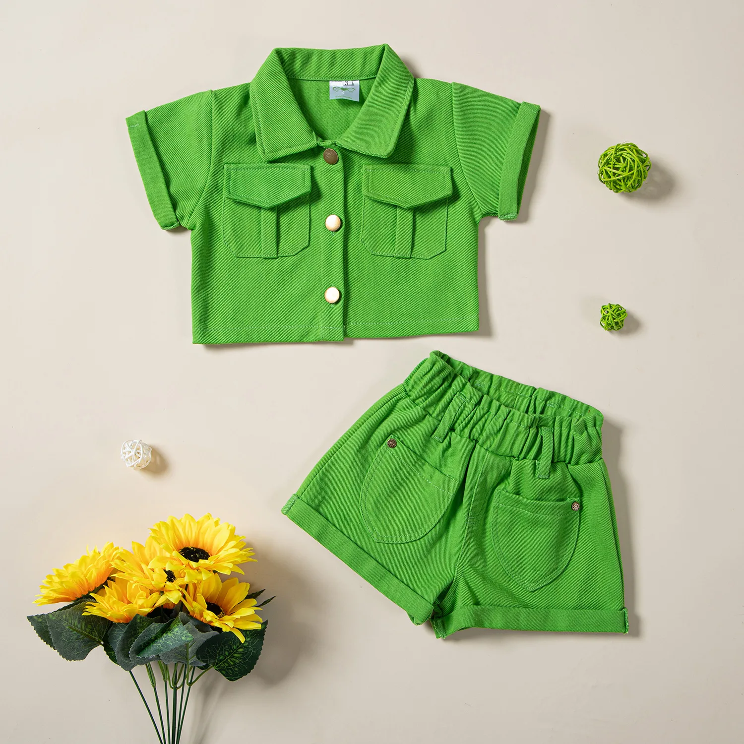 

2pcs/set Baby Girl Slothes Short Sleeve Crop Tops+Shorts Pants Children's Summer Clothing Tracksuits Green Rose Kids Girl Suits