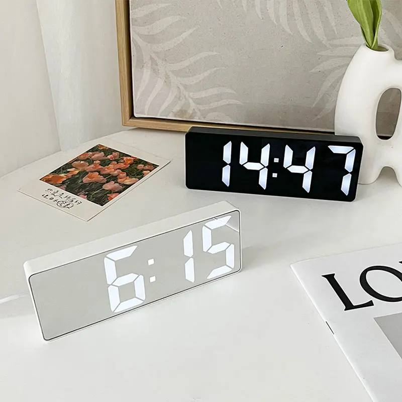 

LED Mirror Digital Alarm Clock Powered Electronic Desktop Table Clocks Snooze Voice Control Thermometer Date Display Night Light