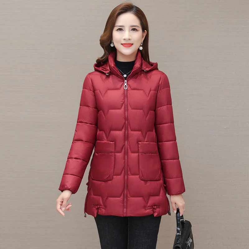 2022 New Autumn and Winter Lightweight Cotton Jacket Mid length Removable Hat Fashion Cotton Suit Slim Warm Cotton Jacket
