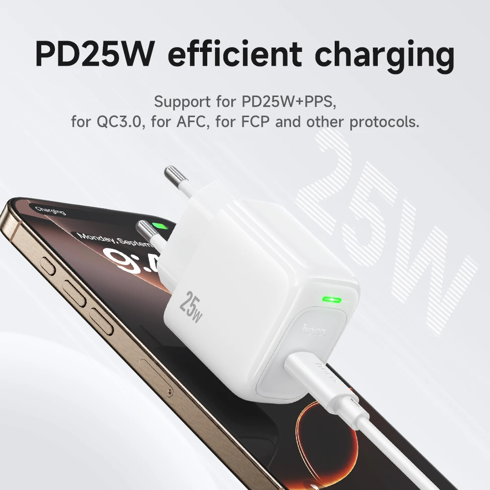 Фото HOCO USB C PD25W Быстрая зарядка с вилкой европейского стандарта Зарядное устройство для Samsung S24 S25 Настенный дорожный адаптер со светодиодным индикатором для iPhone 17 18 №2