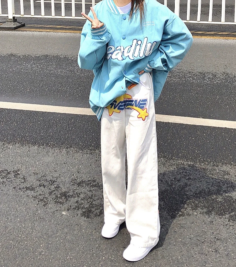 Gothic Punk Jeans Hip Hop Wide Leg Pants Men's Women's Fashion Trend Straight-Leg Pants Loose Embroidery Jeans Sport Pants 2022