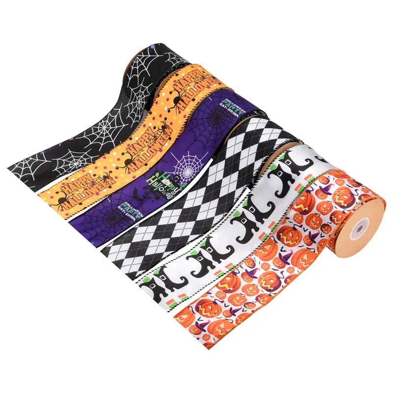 

5 Yards 63mm Wide Imitation Linen Halloween Ribbon DIY Handcraft Lace Plus Silk Spider Pumpkin Decorative Ribbon