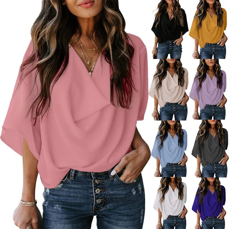 Fashion woman blouses 2022 summer Chiffon Shirt Loose V-Neck Casual Top T-Shirt elegant Women Female clothing with free shipping